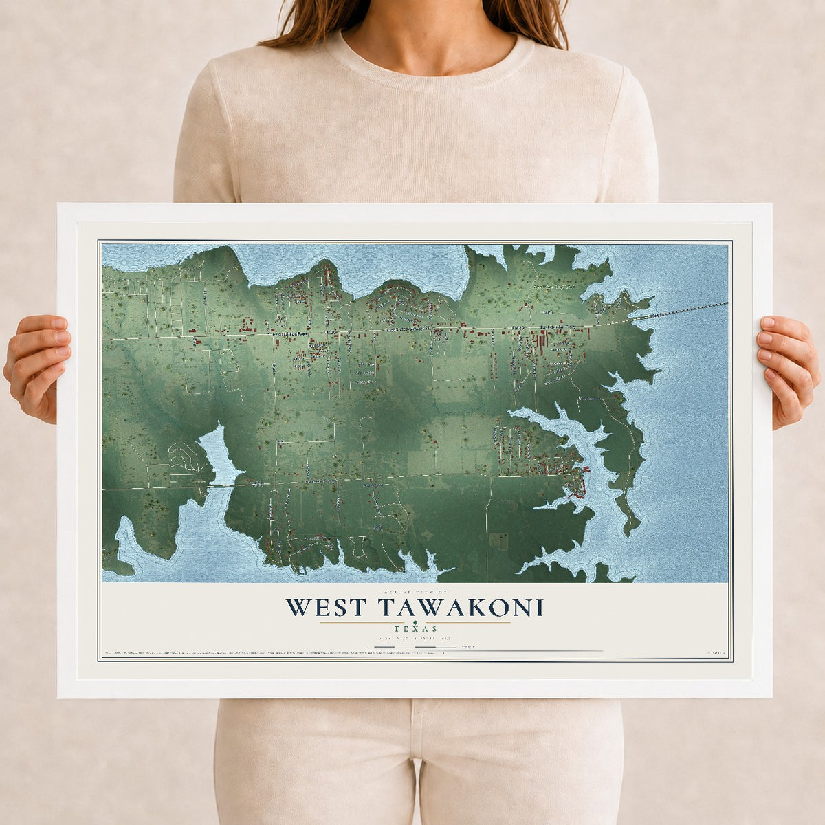 Map of West Tawakoni, Texas, 12 x 18 inch print in a white wood frame