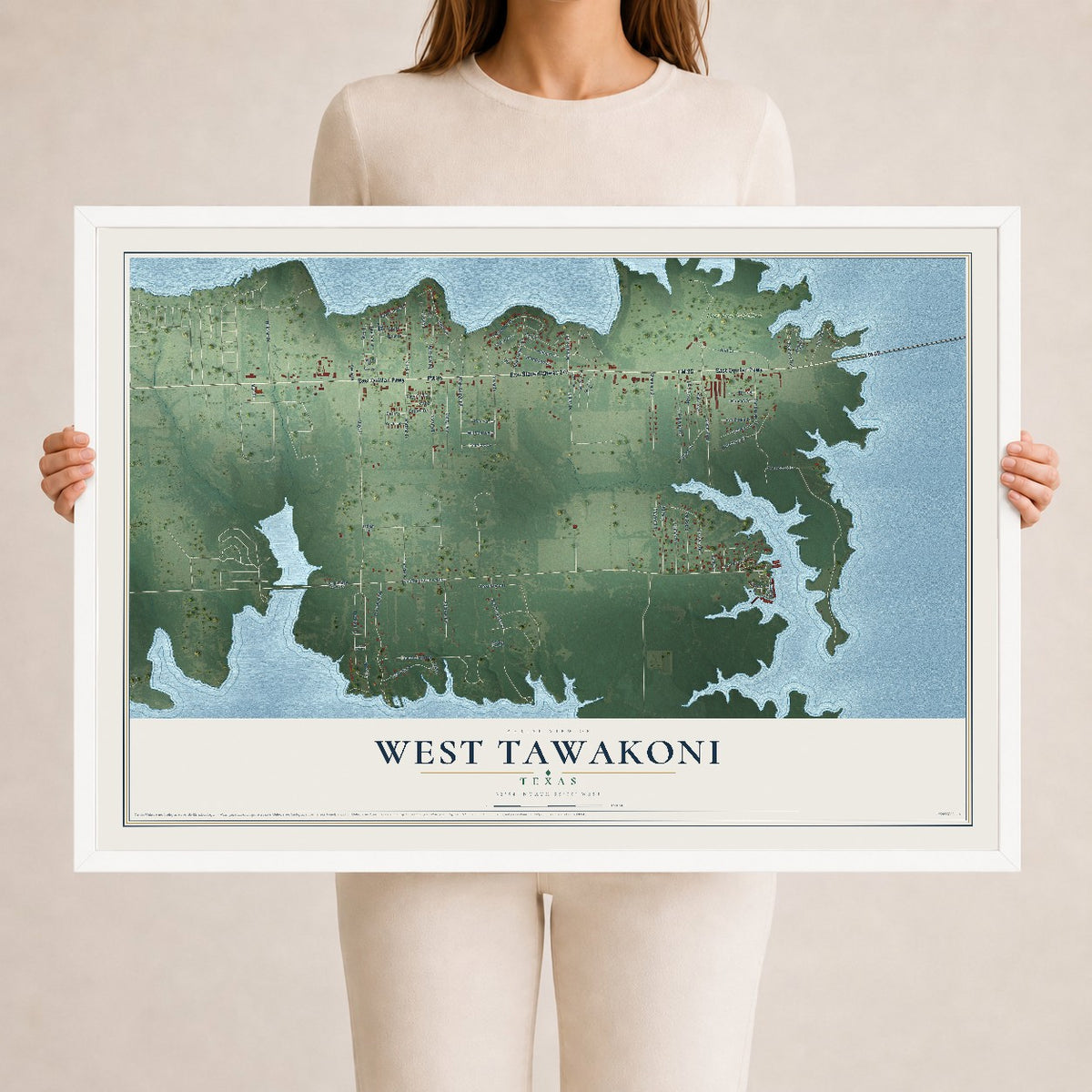 Map of West Tawakoni, Texas, 24 x 36 inch print in a white wood frame
