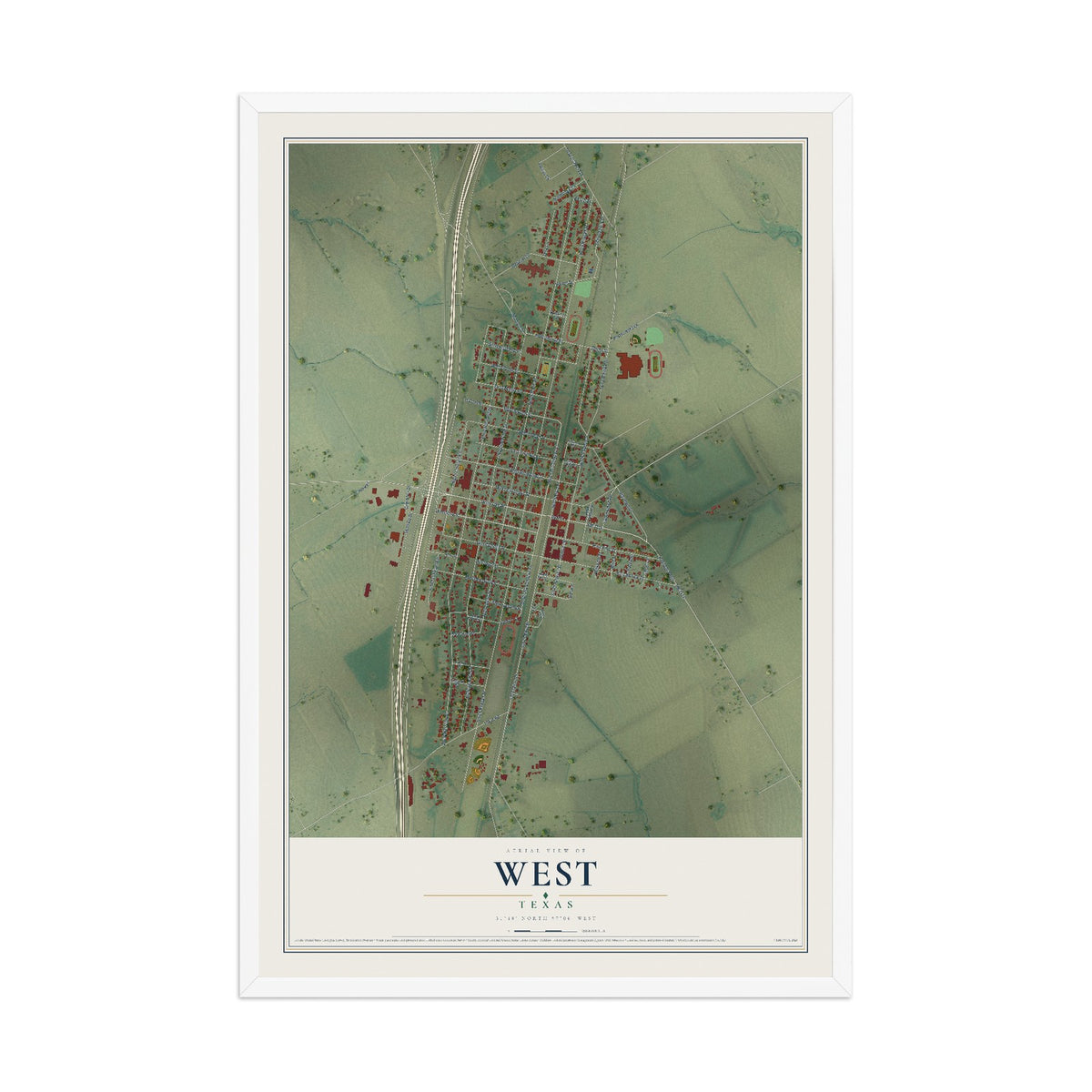 Map of West, Texas, 12 x 18 inch print in a white wood frame