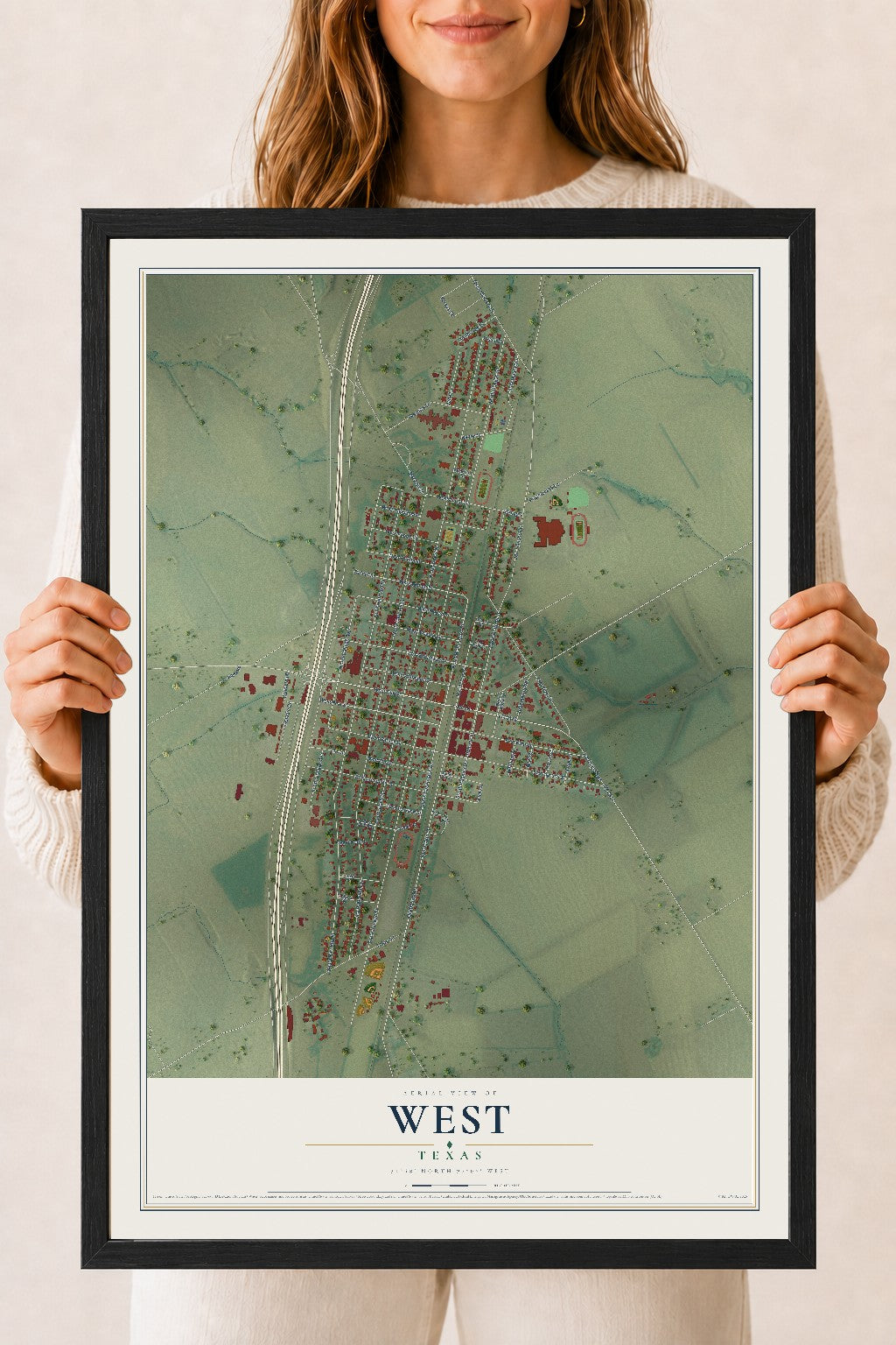 Map of West, Texas, 18 x 24 inch print in a black wood frame