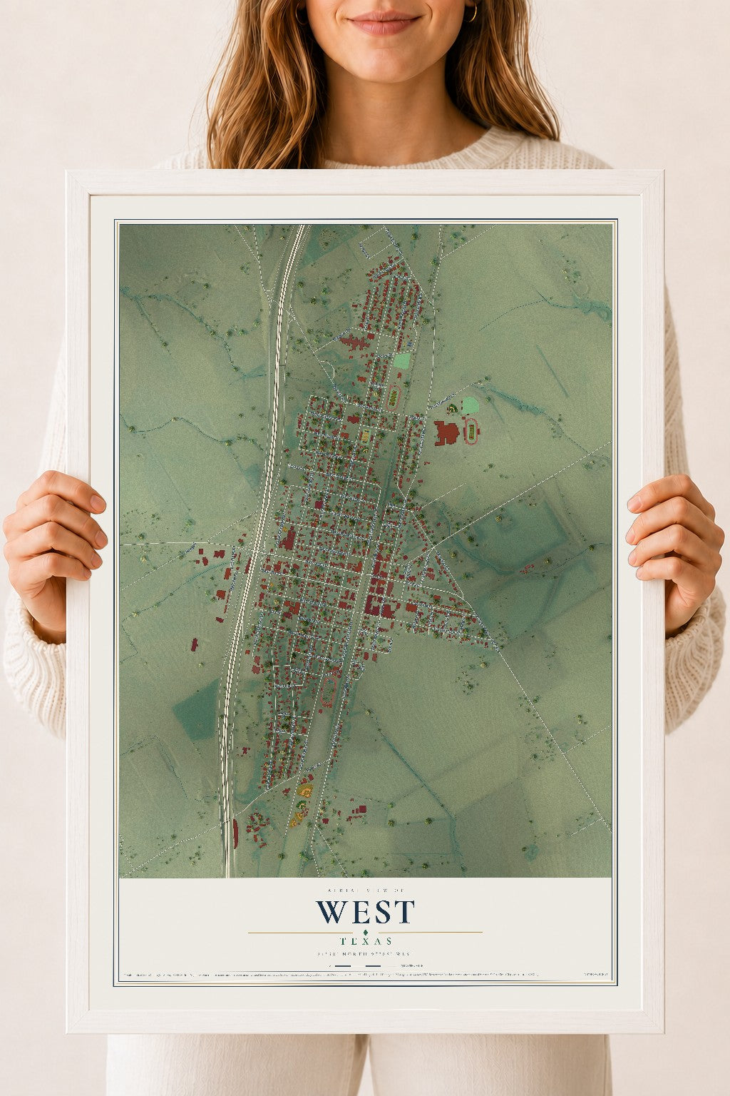 Map of West, Texas, 18 x 24 inch print in a white wood frame