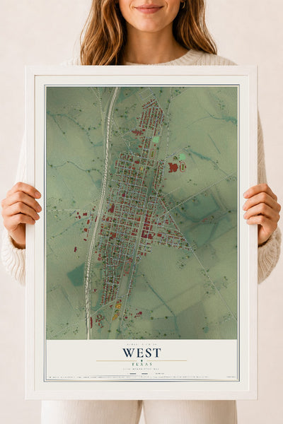 Map of West, Texas, 18 x 24 inch print in a white wood frame