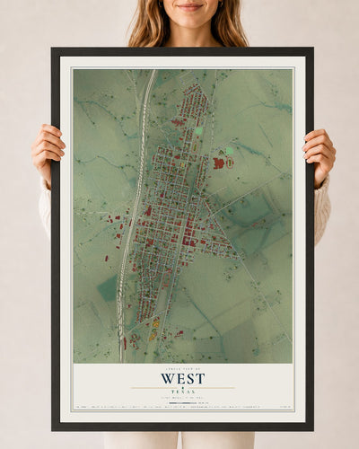 Map of West, Texas, 24 x 36 inch print in a black wood frame