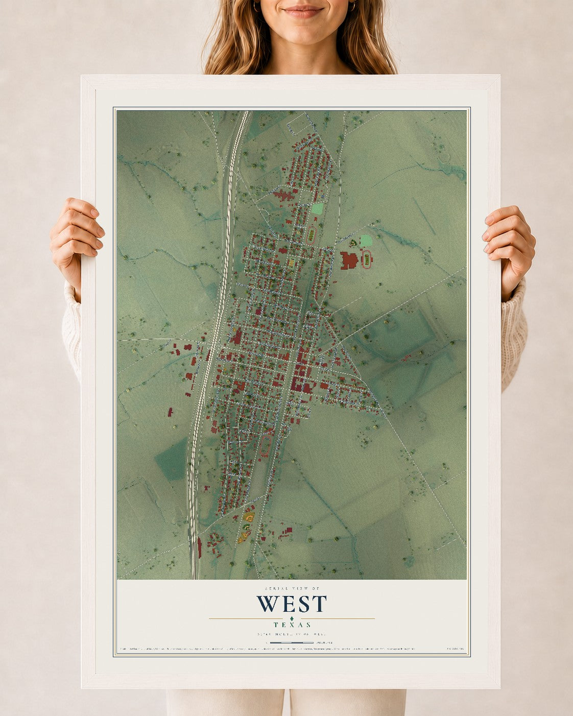 Map of West, Texas, 24 x 36 inch print in a white wood frame