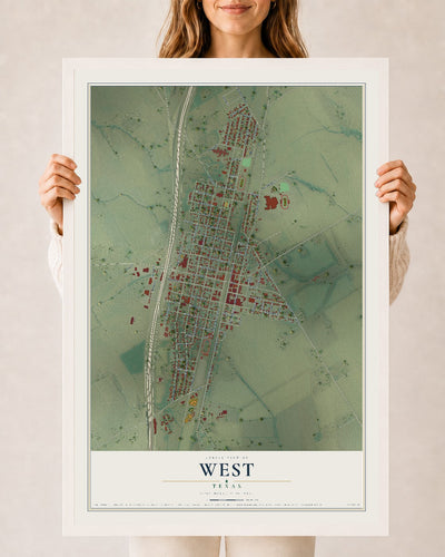 Map of West, Texas, 24 x 36 inch print in a white wood frame