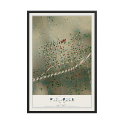 Map of Westbrook, Texas, 12 x 18 inch print in a black wood frame