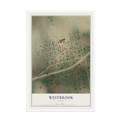 Map of Westbrook, Texas, 12 x 18 inch print in a white wood frame