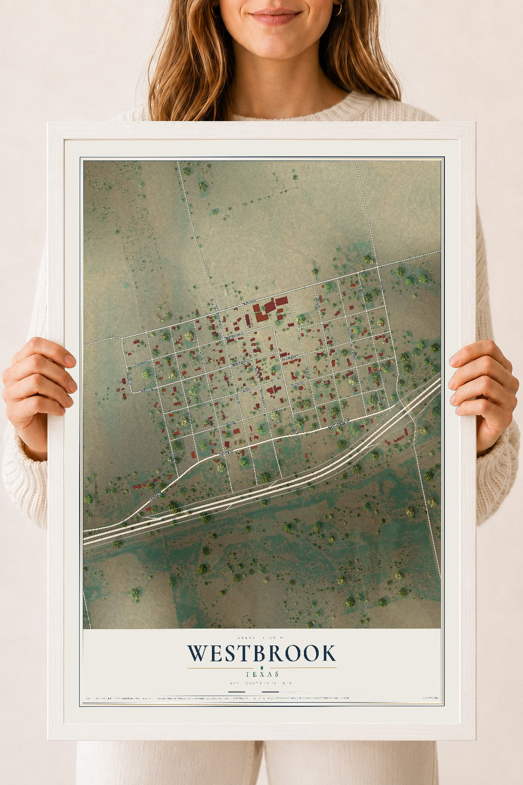Map of Westbrook, Texas, 18 x 24 inch print in a white wood frame