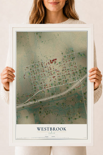 Map of Westbrook, Texas, 18 x 24 inch print in a white wood frame