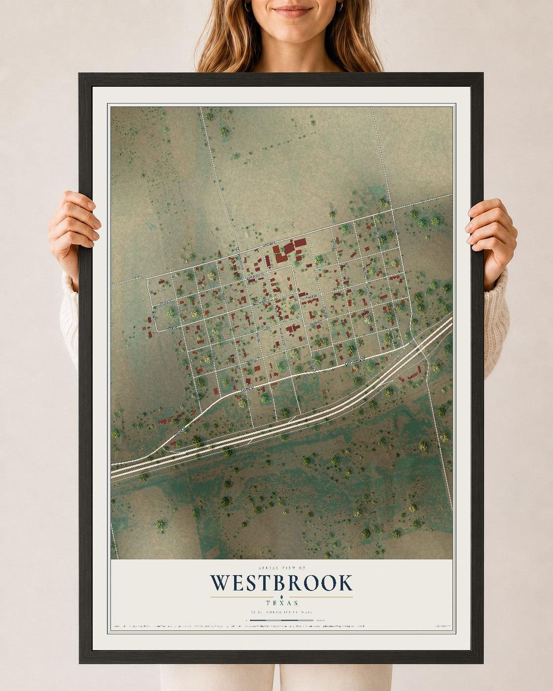 Map of Westbrook, Texas, 24 x 36 inch print in a black wood frame