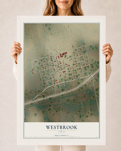 Map of Westbrook, Texas, 24 x 36 inch print in a white wood frame