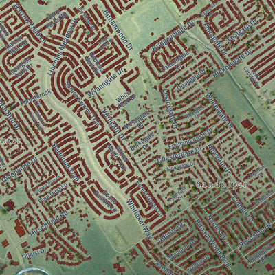 Close-up of the map of Westfield, Texas print showing street and building detail