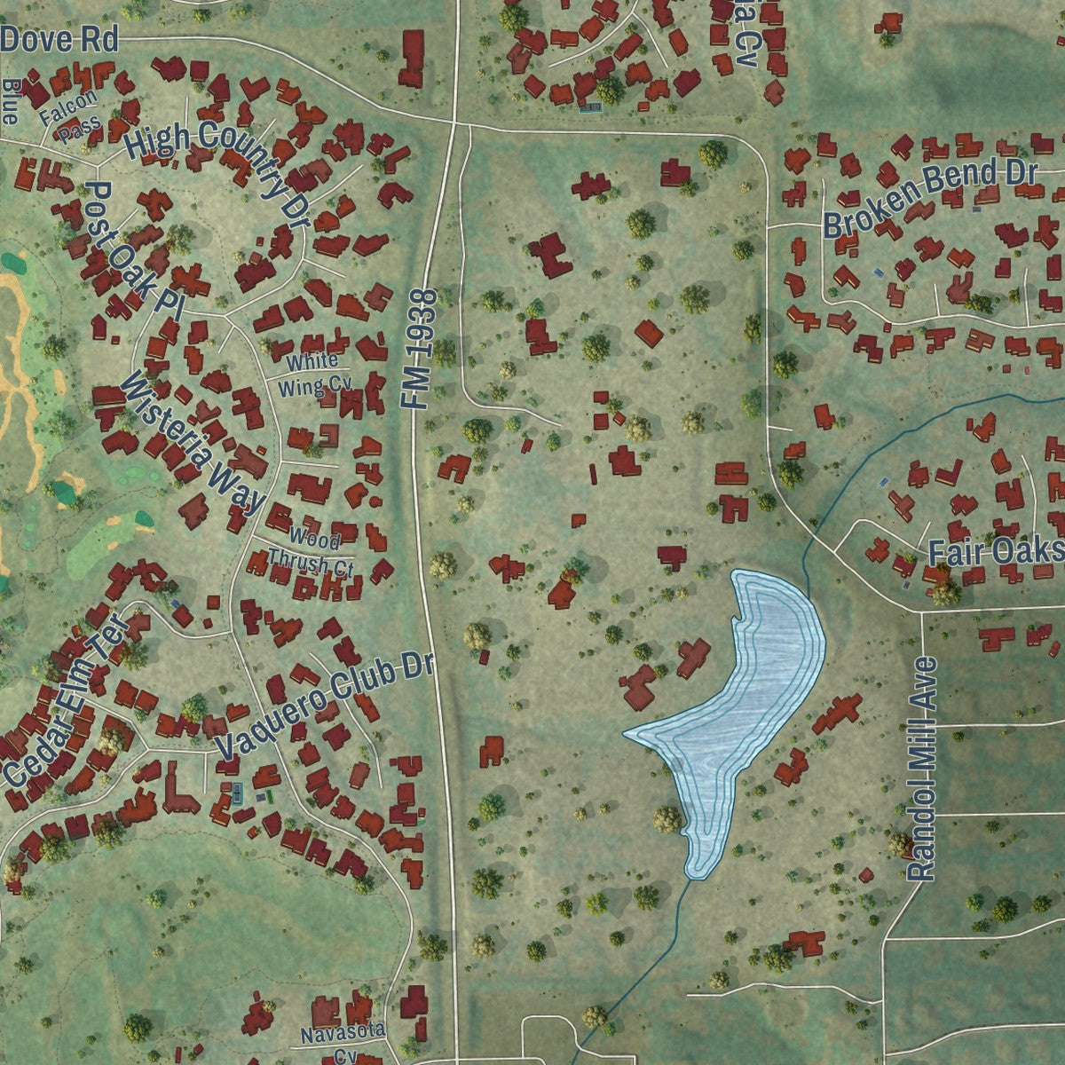 Close-up of the map of Westlake, Texas print showing street and building detail