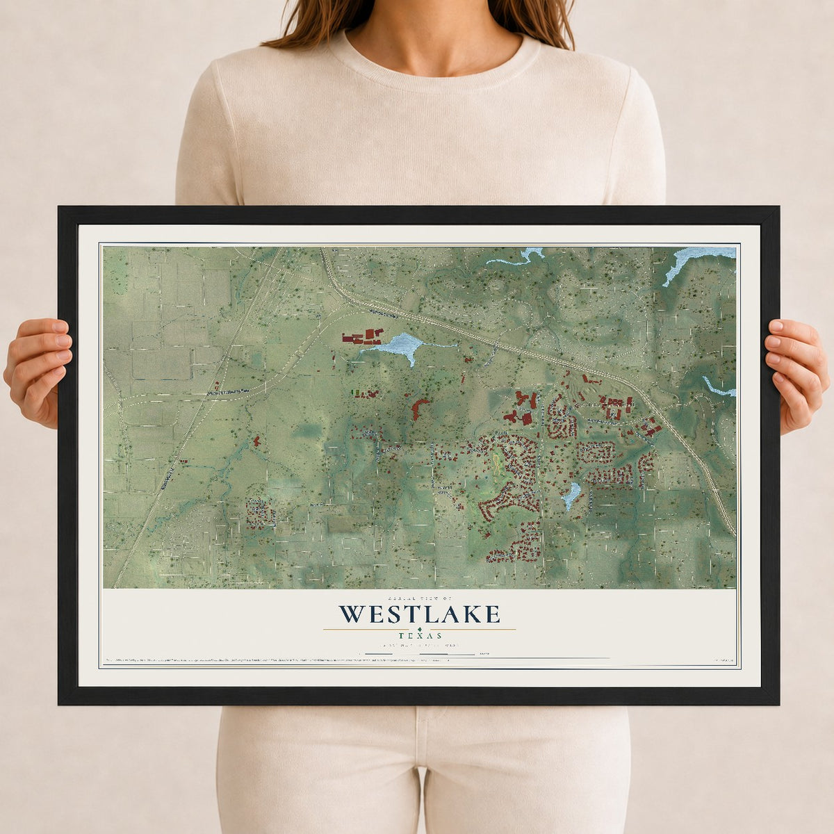 Map of Westlake, Texas, 12 x 18 inch print in a black wood frame