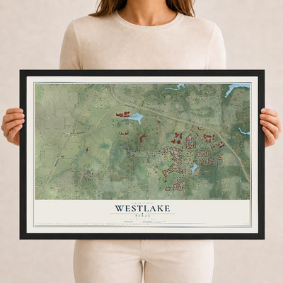 Map of Westlake, Texas, 12 x 18 inch print in a black wood frame