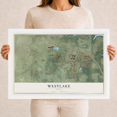 Map of Westlake, Texas, 12 x 18 inch print in a white wood frame