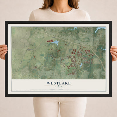 Map of Westlake, Texas, 18 x 24 inch print in a black wood frame