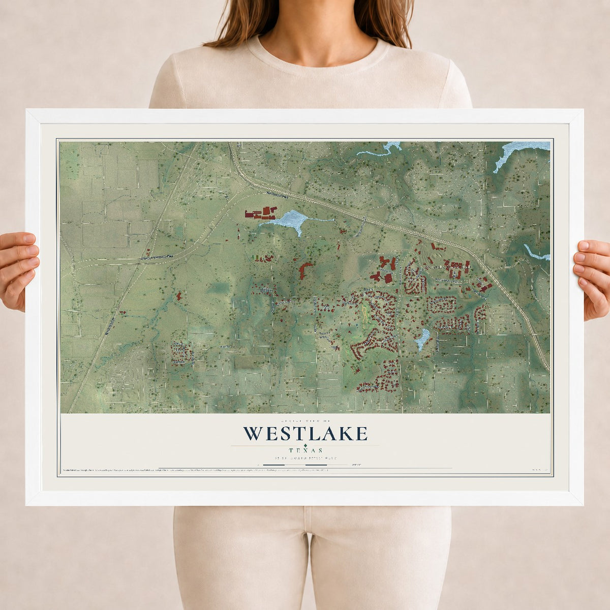 Map of Westlake, Texas, 18 x 24 inch print in a white wood frame
