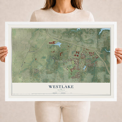 Map of Westlake, Texas, 18 x 24 inch print in a white wood frame