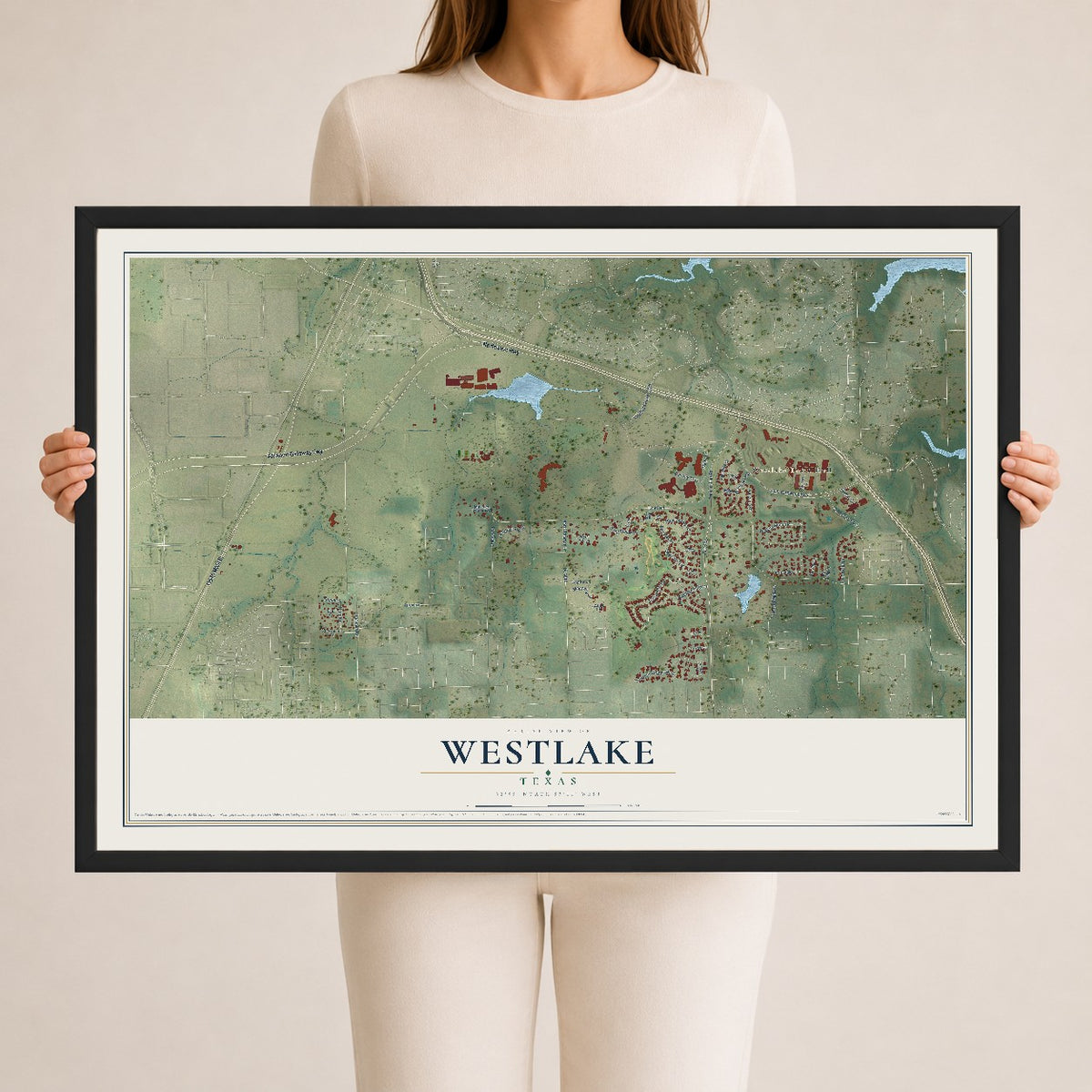 Map of Westlake, Texas, 24 x 36 inch print in a black wood frame