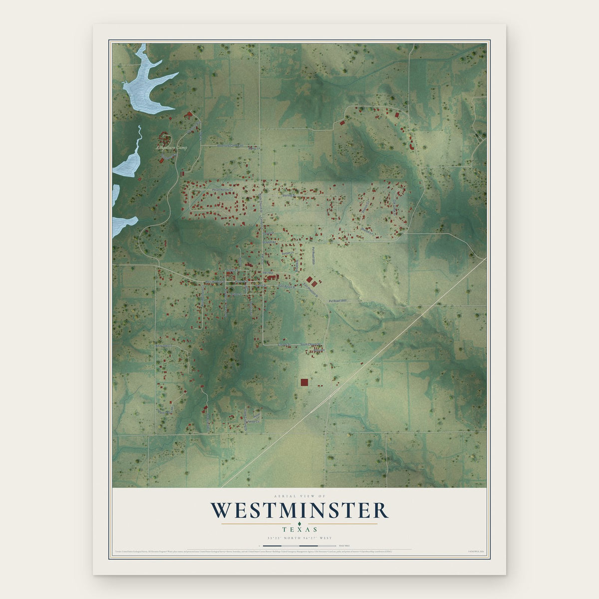 Westminster, Texas map print, the full design