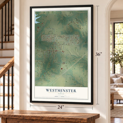 Westminster, Texas map, 24 x 36 inch print in a black frame by a staircase