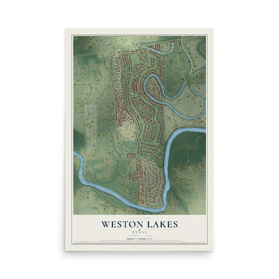 Map of Weston Lakes, Texas, 12 x 18 inch unframed archival matte print