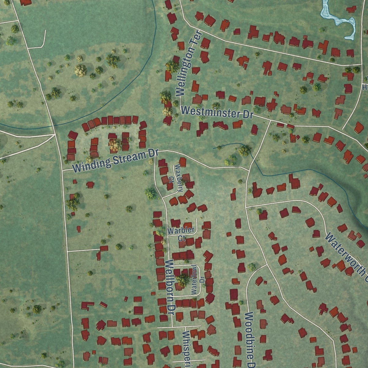 Second close-up of the map of Weston Lakes, Texas print showing more streets and buildings