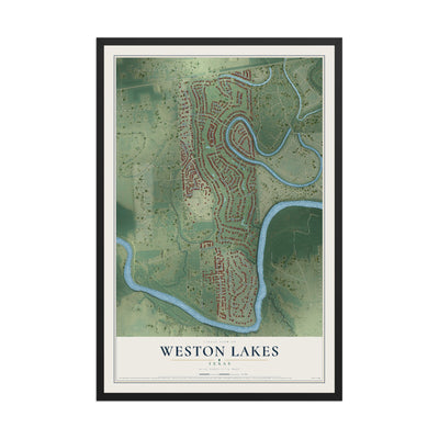 Map of Weston Lakes, Texas, 12 x 18 inch print in a black wood frame