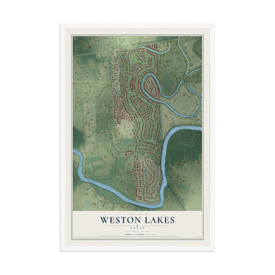 Map of Weston Lakes, Texas, 12 x 18 inch print in a white wood frame