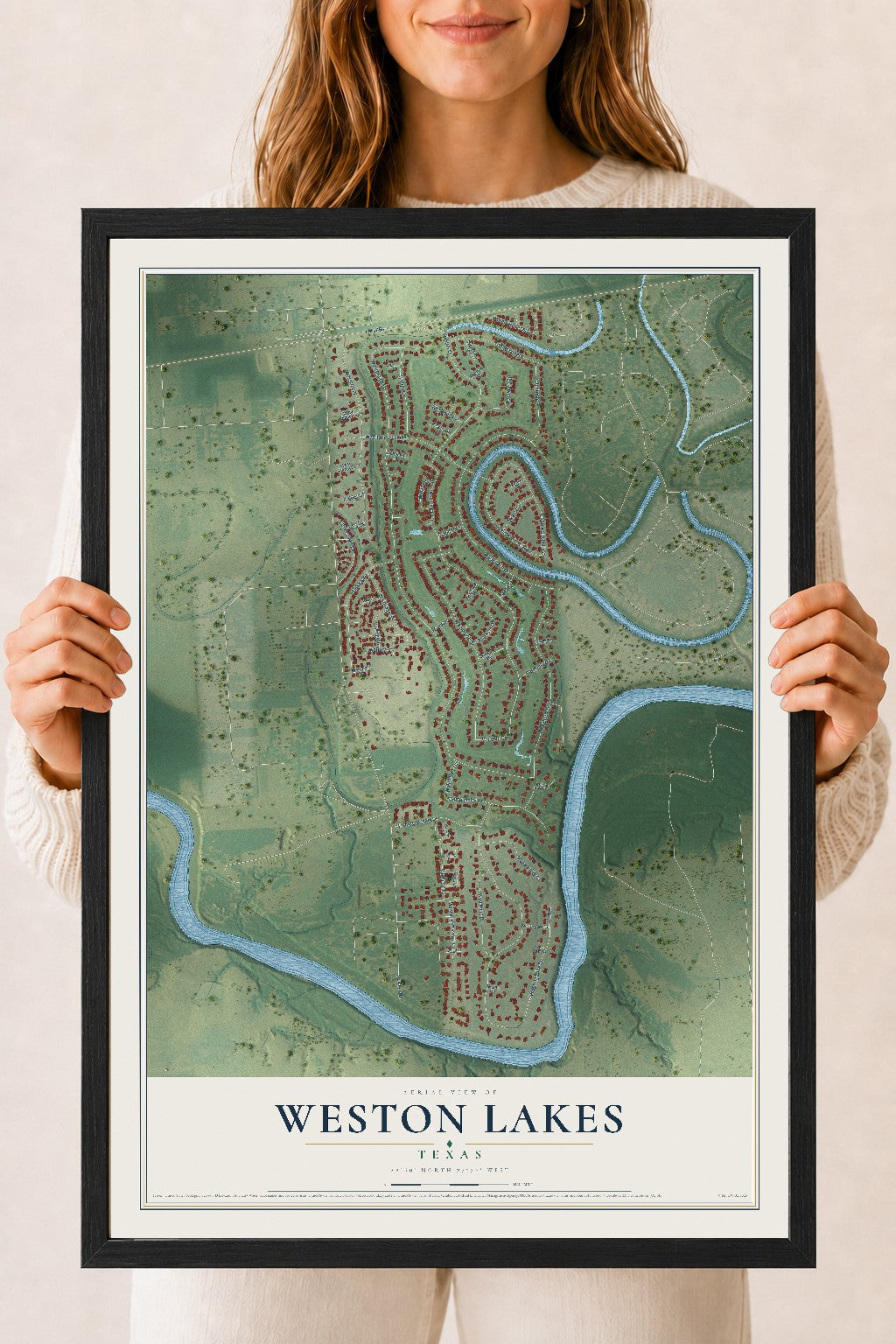 Map of Weston Lakes, Texas, 18 x 24 inch print in a black wood frame