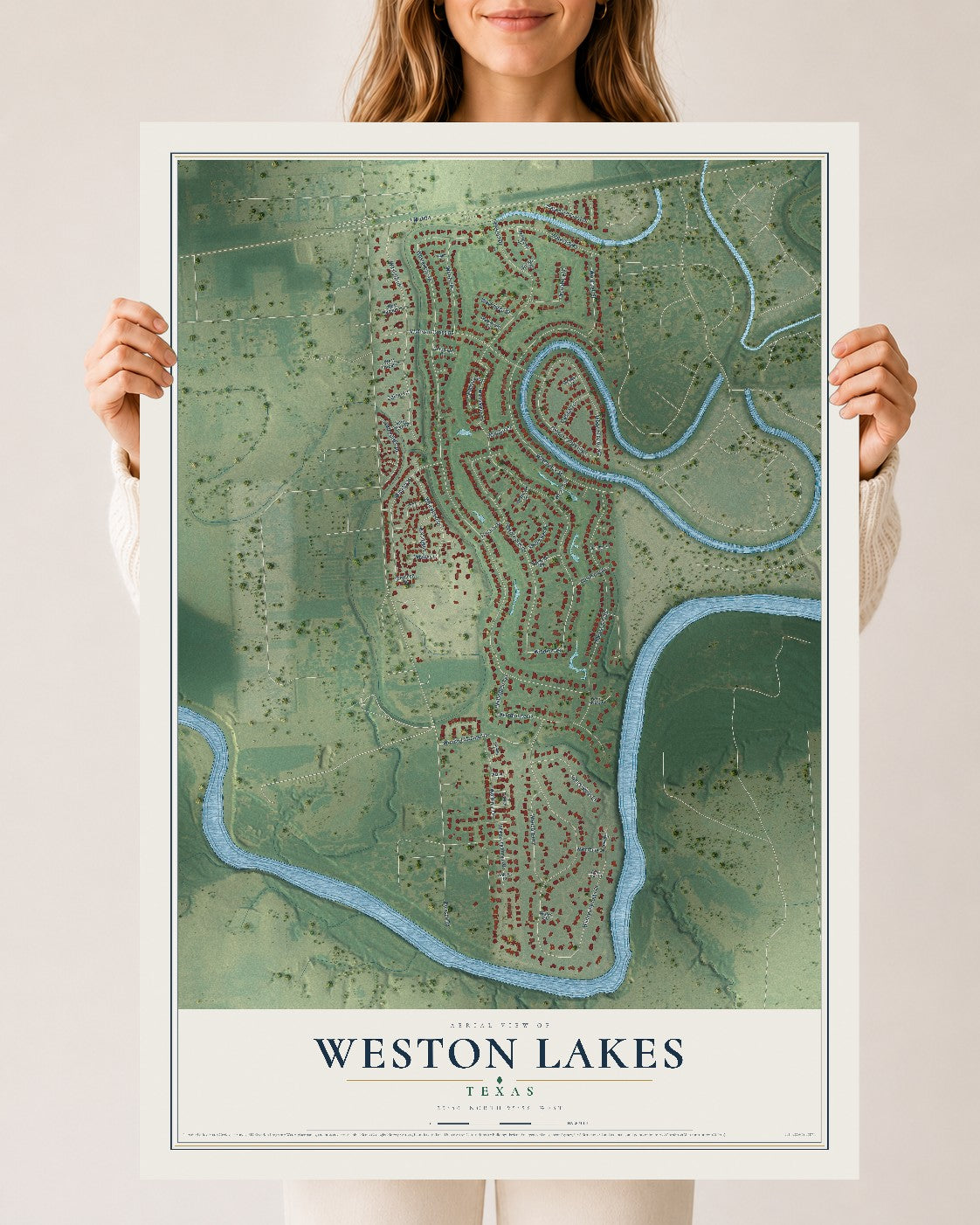 Map of Weston Lakes, Texas, 24 x 36 inch unframed archival matte print