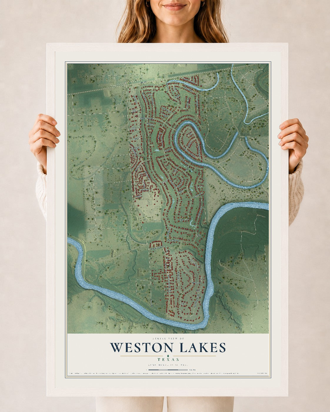 Map of Weston Lakes, Texas, 24 x 36 inch print in a white wood frame