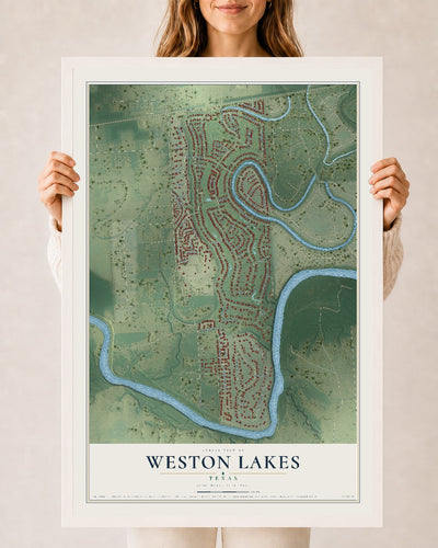 Map of Weston Lakes, Texas, 24 x 36 inch print in a white wood frame