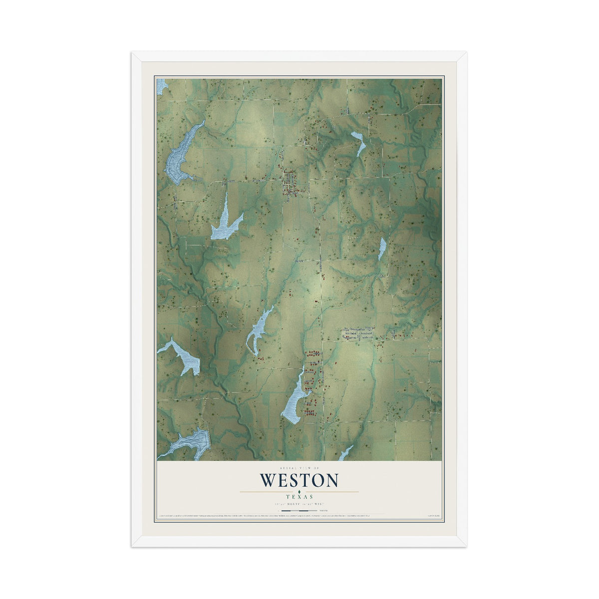 Map of Weston, Texas, 12 x 18 inch print in a white wood frame