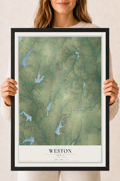 Map of Weston, Texas, 18 x 24 inch print in a black wood frame