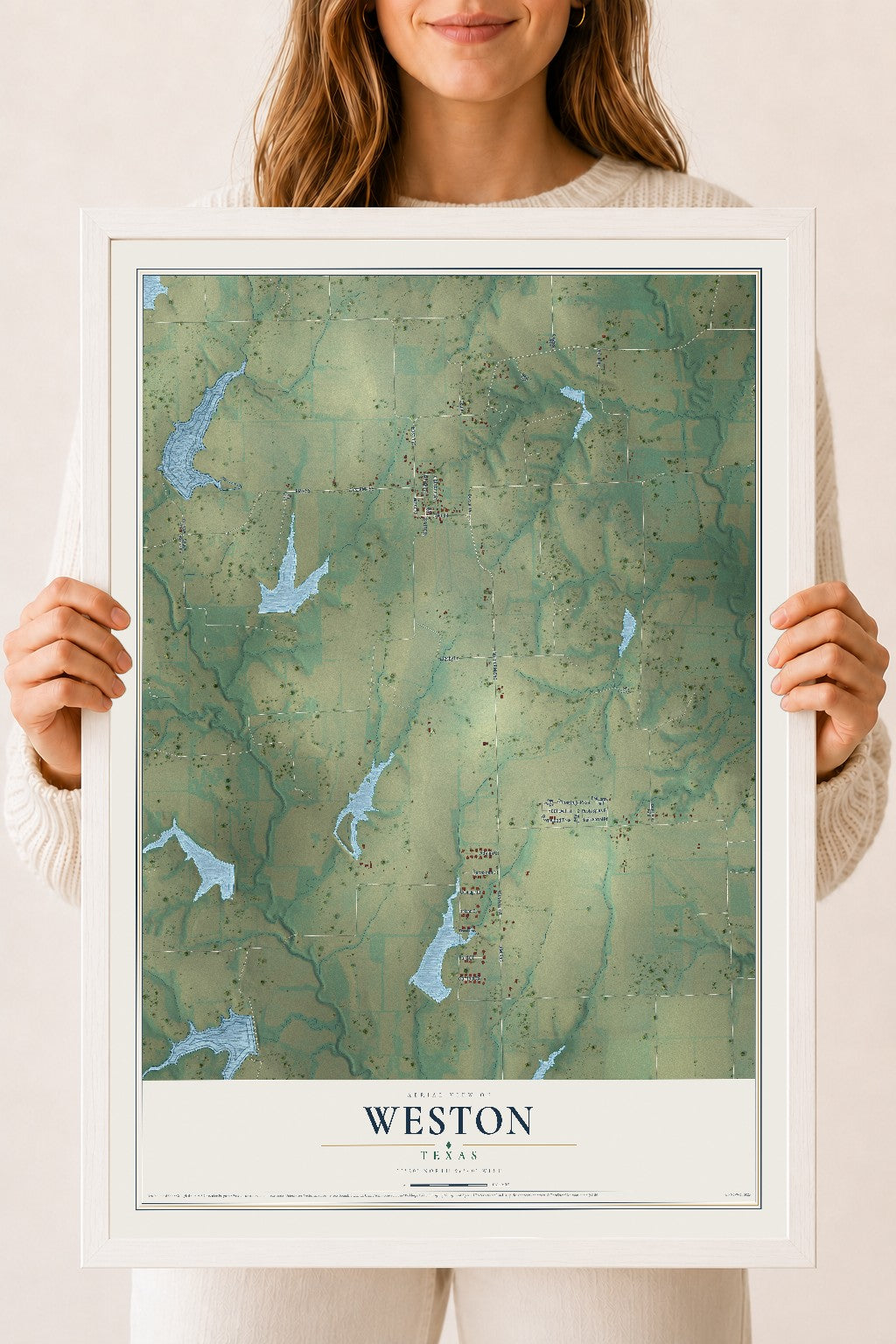 Map of Weston, Texas, 18 x 24 inch print in a white wood frame