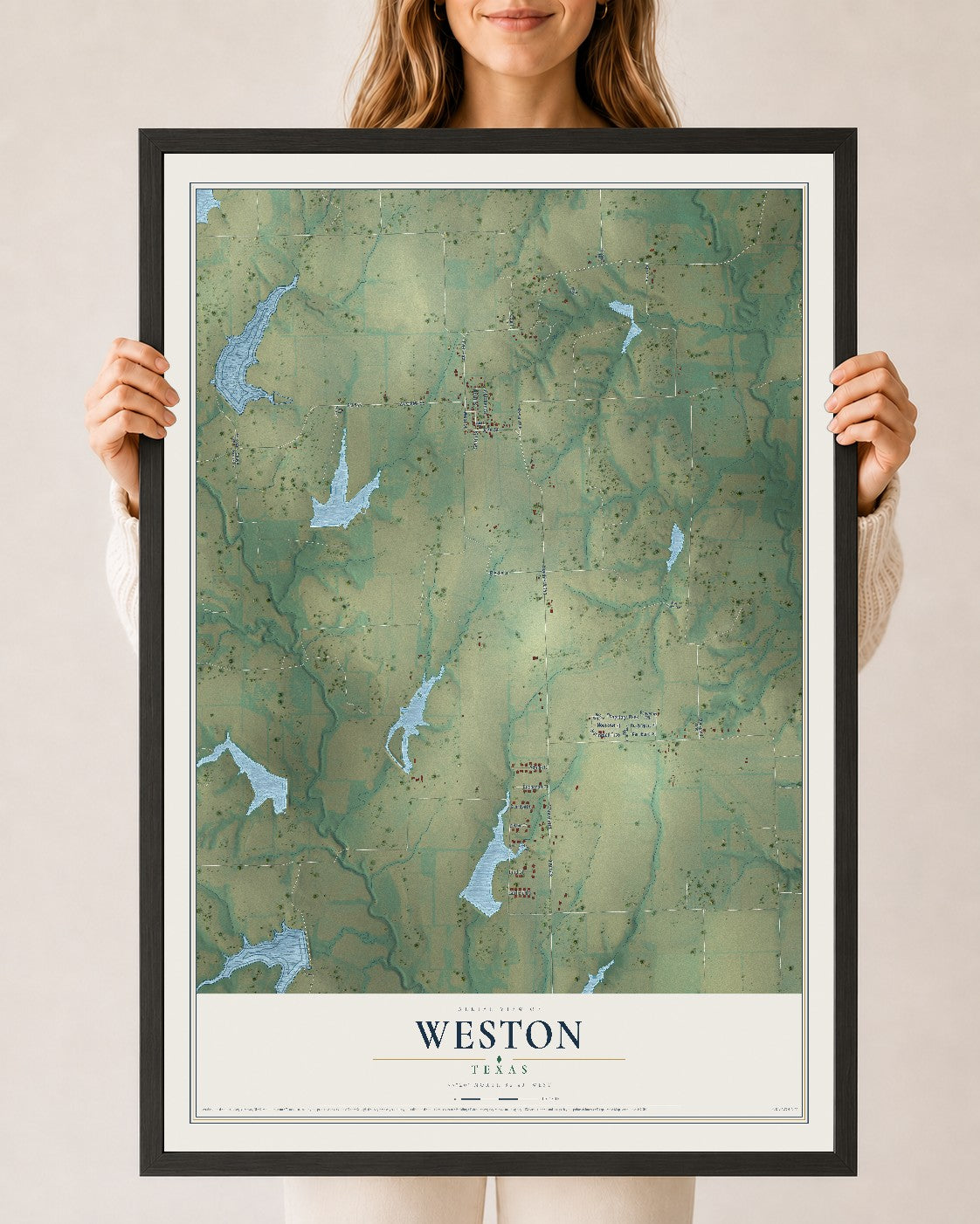 Map of Weston, Texas, 24 x 36 inch print in a black wood frame