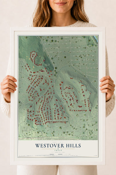 Map of Westover Hills, Texas, 18 x 24 inch print in a white wood frame