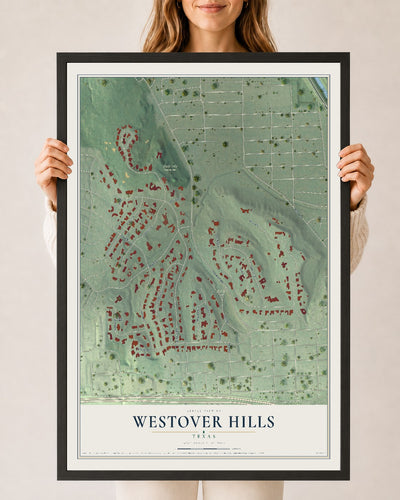 Map of Westover Hills, Texas, 24 x 36 inch print in a black wood frame