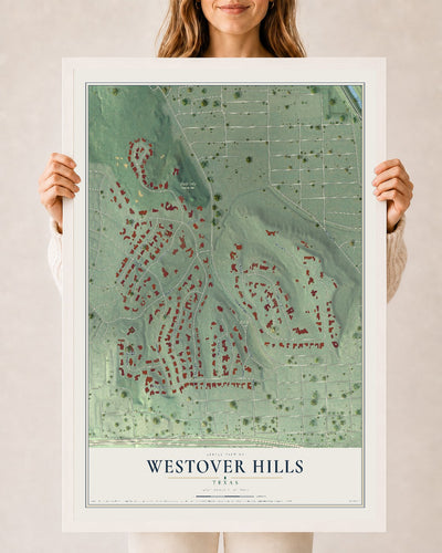 Map of Westover Hills, Texas, 24 x 36 inch print in a white wood frame