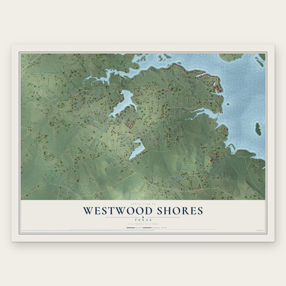 Westwood Shores, Texas map print, the full design