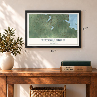 Westwood Shores, Texas map, 12 x 18 inch print in a black frame in an entryway
