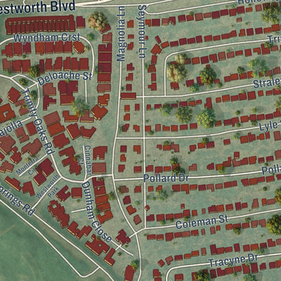 Close-up of the map of Westworth Village, Texas print showing street and building detail