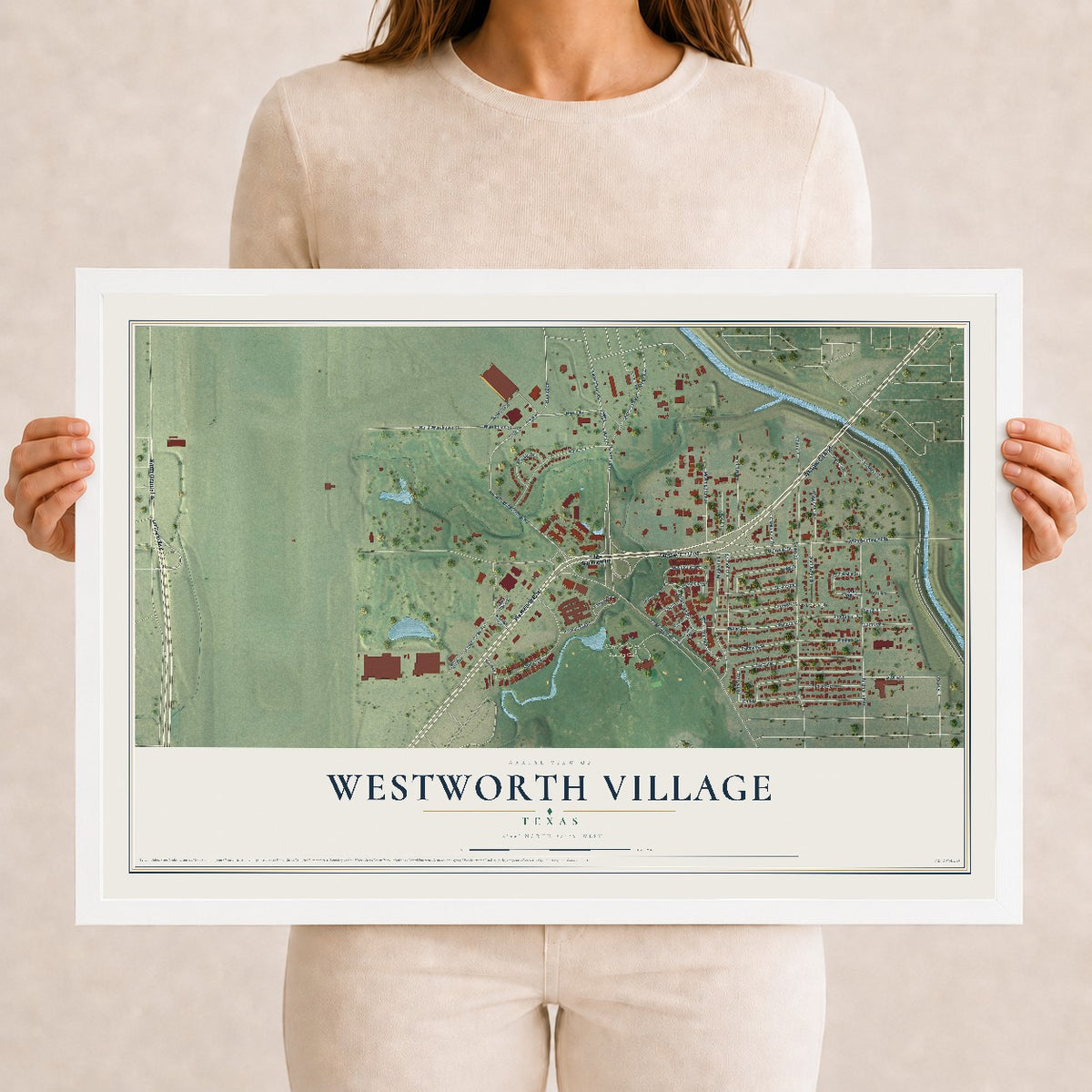 Map of Westworth Village, Texas, 12 x 18 inch print in a white wood frame