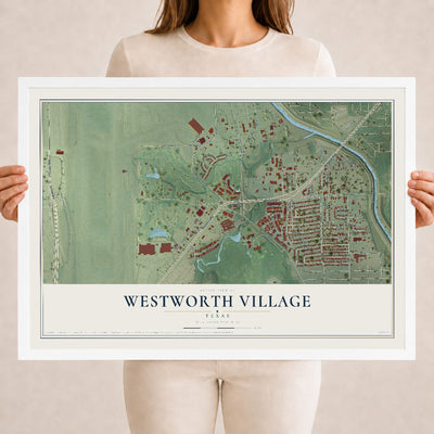 Map of Westworth Village, Texas, 18 x 24 inch print in a white wood frame