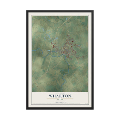 Map of Wharton, Texas, 12 x 18 inch print in a black wood frame