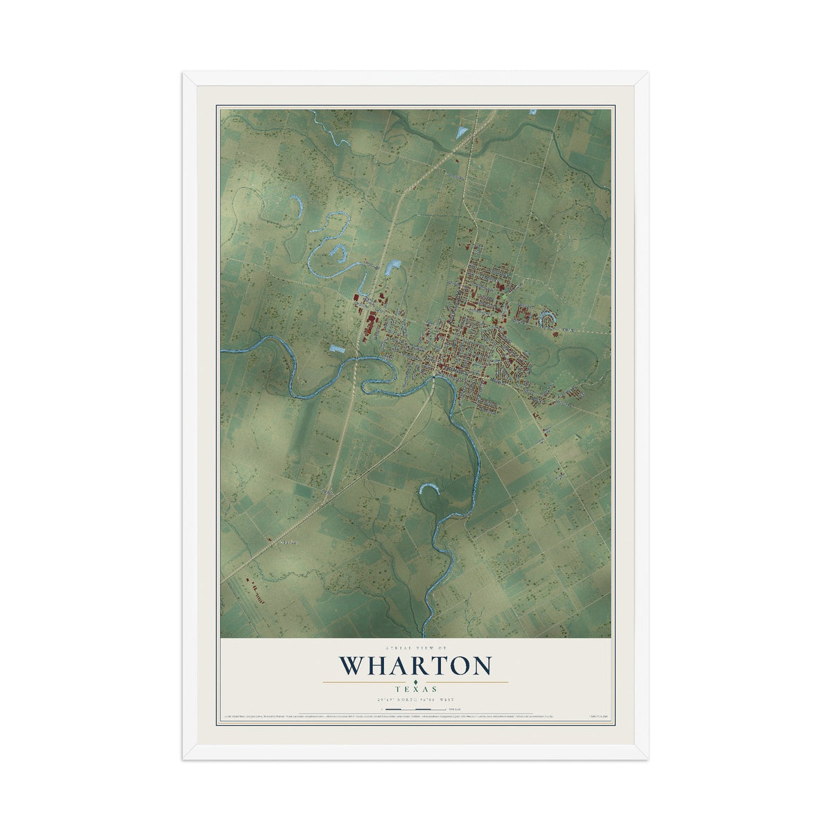 Map of Wharton, Texas, 12 x 18 inch print in a white wood frame