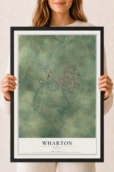 Map of Wharton, Texas, 18 x 24 inch print in a black wood frame
