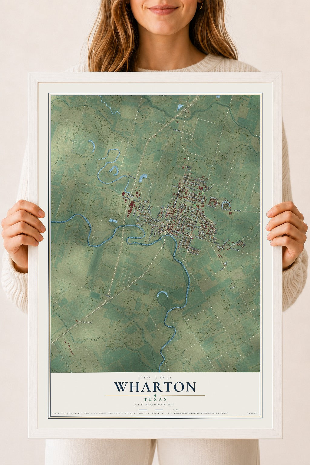 Map of Wharton, Texas, 18 x 24 inch print in a white wood frame